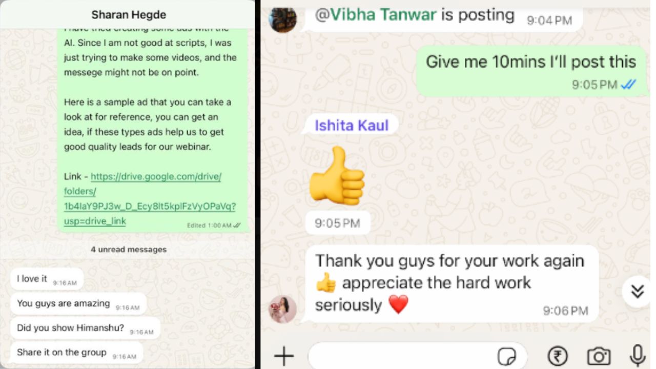 WhatsApp messages praising Monk Media's work
